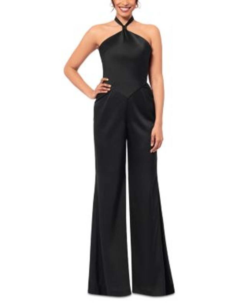 AQUA Black Satin Halter Wide Leg Jumpsuit 4 NWT Black Tie Wedding Guest Glam